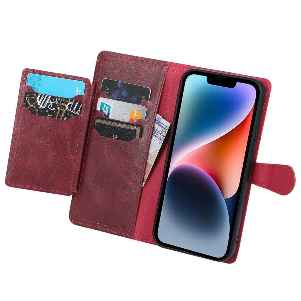 Anti-scratch Phone Case For iPhone 14, Zipper Pocket Wallet Full Protection PU Leather Phone Flip Cover Card Holder with Magnetic Buckle - Red - 2