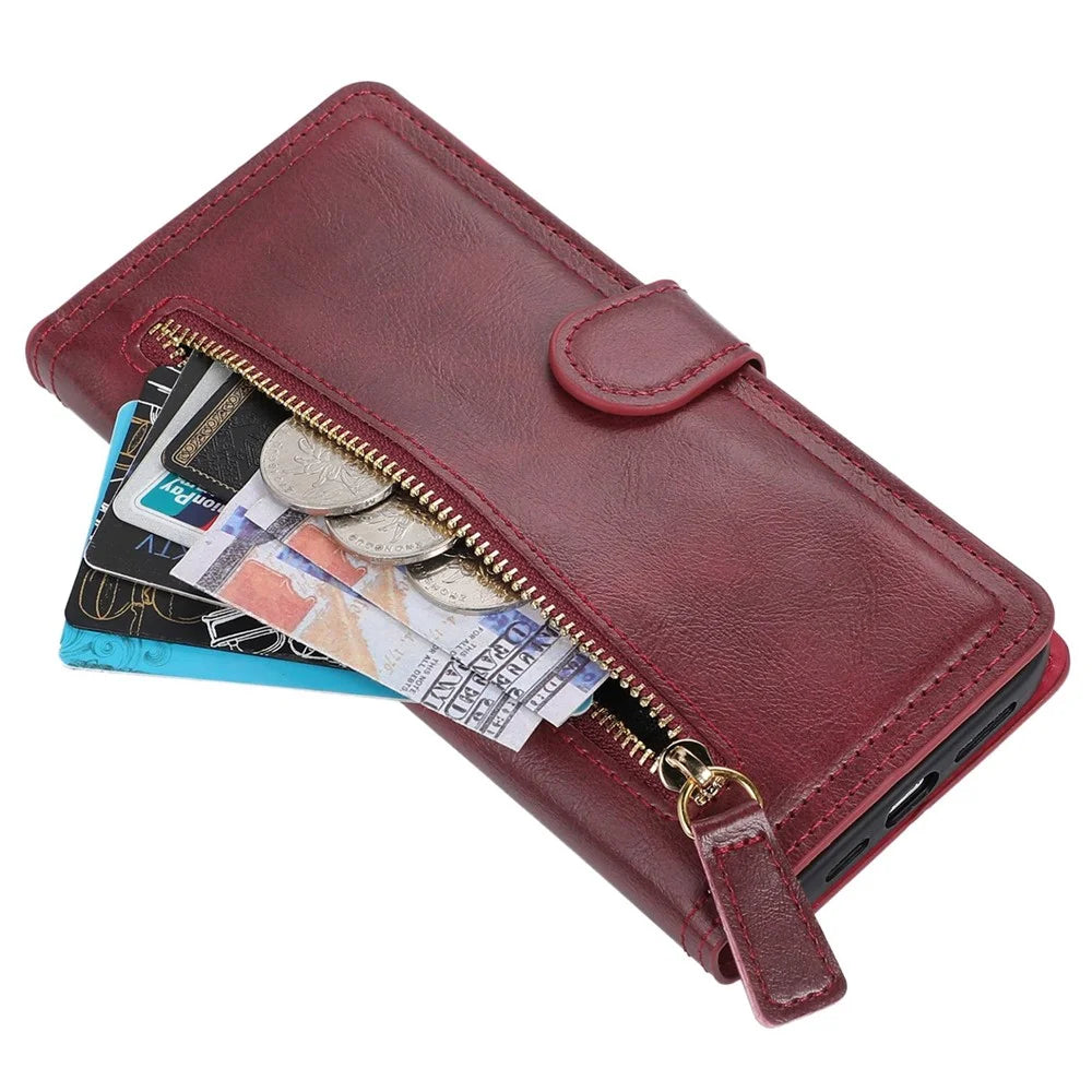 Anti-scratch Phone Case For iPhone 14, Zipper Pocket Wallet Full Protection PU Leather Phone Flip Cover Card Holder with Magnetic Buckle - Red - 4