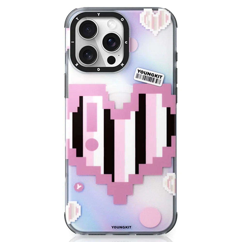 YOUNGKIT Pixel Heart Series for iPhone 16 Pro Magnetic Case IMD TPU Mobile Back Cover Design - Pink - 1