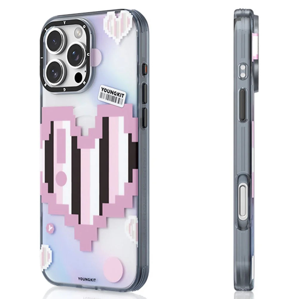 YOUNGKIT Pixel Heart Series for iPhone 16 Pro Magnetic Case IMD TPU Mobile Back Cover Design - Pink - 2