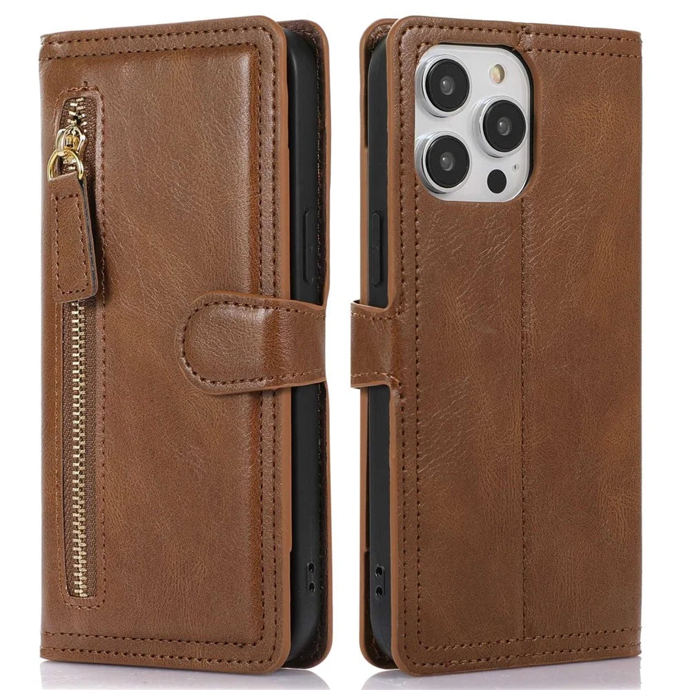 For iPhone 14 Pro Anti-scratch Zipper Pocket Phone Case Shockproof PU Leather Phone Flip Wallet Cover Stand with Magnetic Buckle - Brown - 1