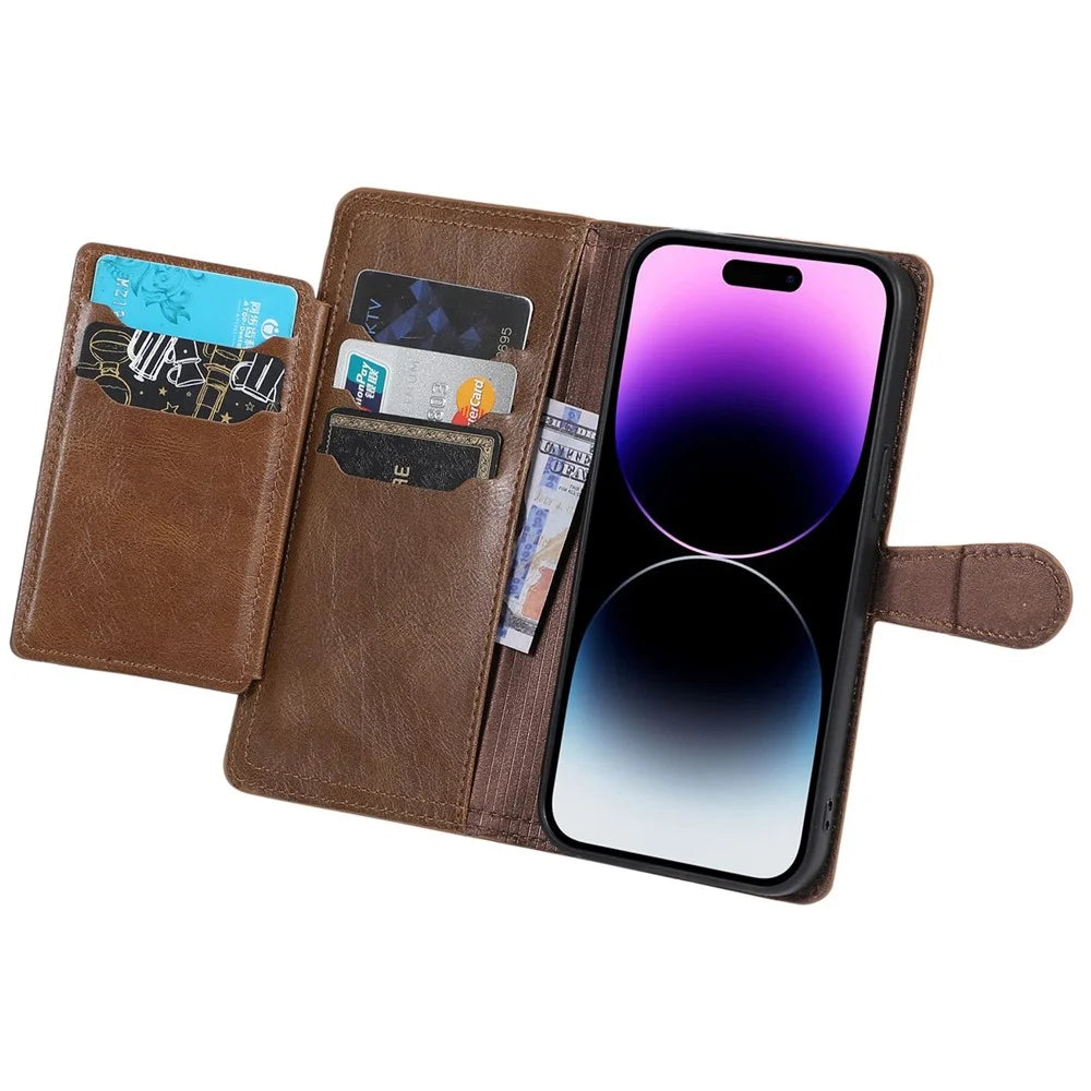 For iPhone 14 Pro Anti-scratch Zipper Pocket Phone Case Shockproof PU Leather Phone Flip Wallet Cover Stand with Magnetic Buckle - Brown - 2