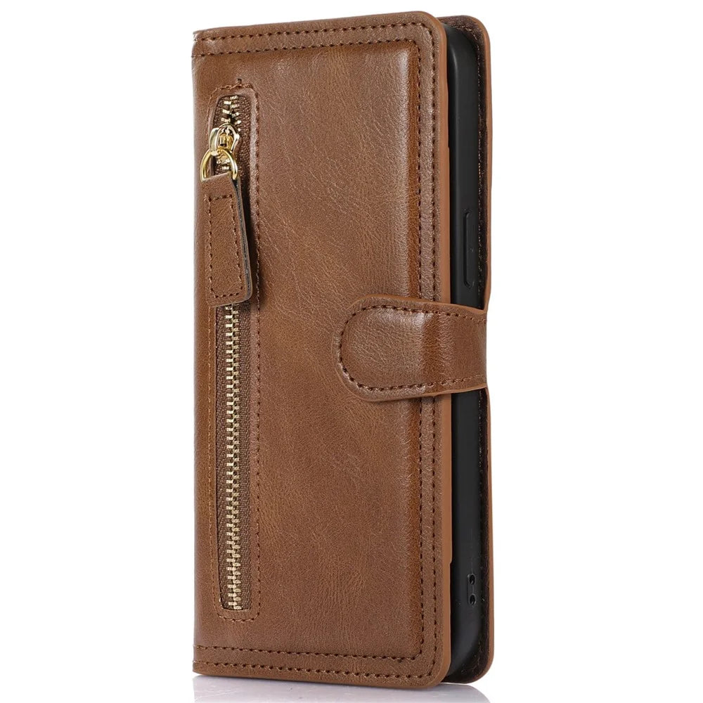 For iPhone 14 Pro Anti-scratch Zipper Pocket Phone Case Shockproof PU Leather Phone Flip Wallet Cover Stand with Magnetic Buckle - Brown - 6