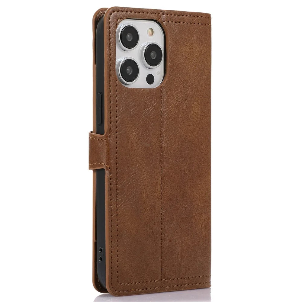 For iPhone 14 Pro Anti-scratch Zipper Pocket Phone Case Shockproof PU Leather Phone Flip Wallet Cover Stand with Magnetic Buckle - Brown - 7