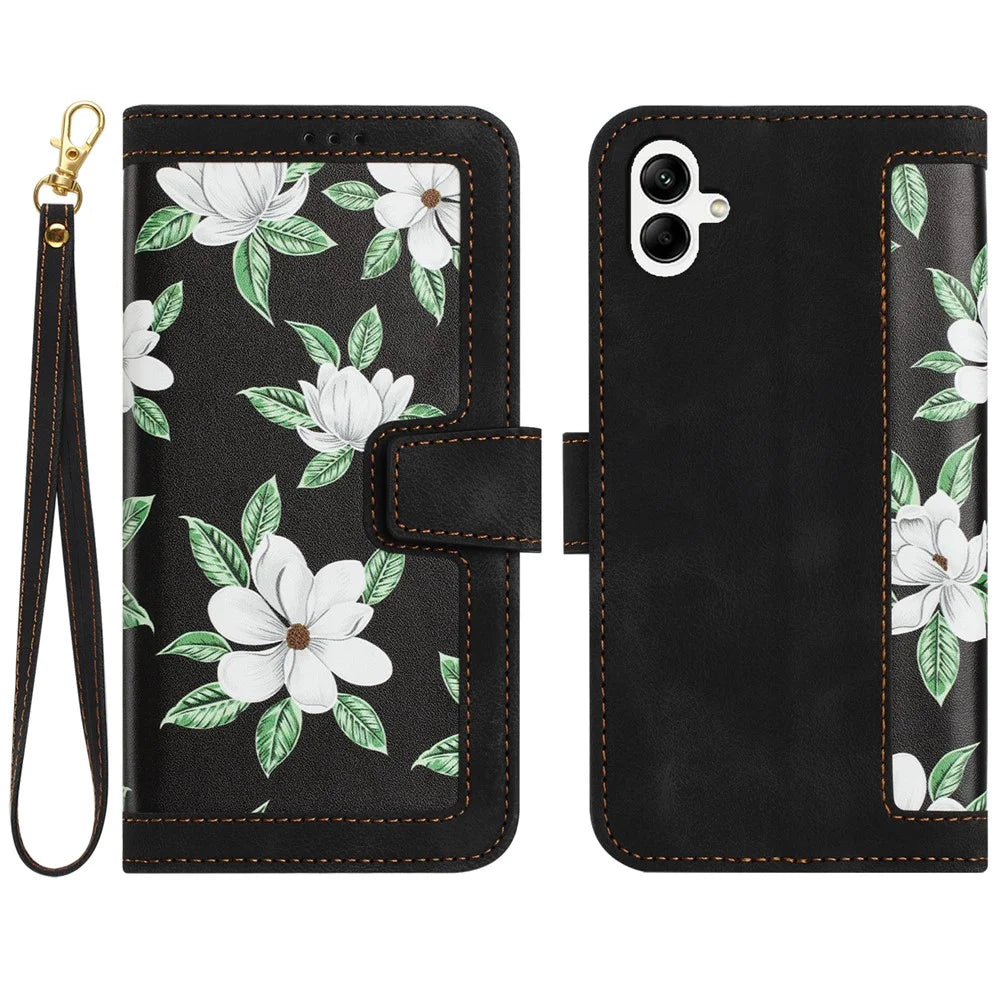 For Samsung Galaxy A06 4G Case PU Leather Floral Phone Cover with Card Slots - Black - 1