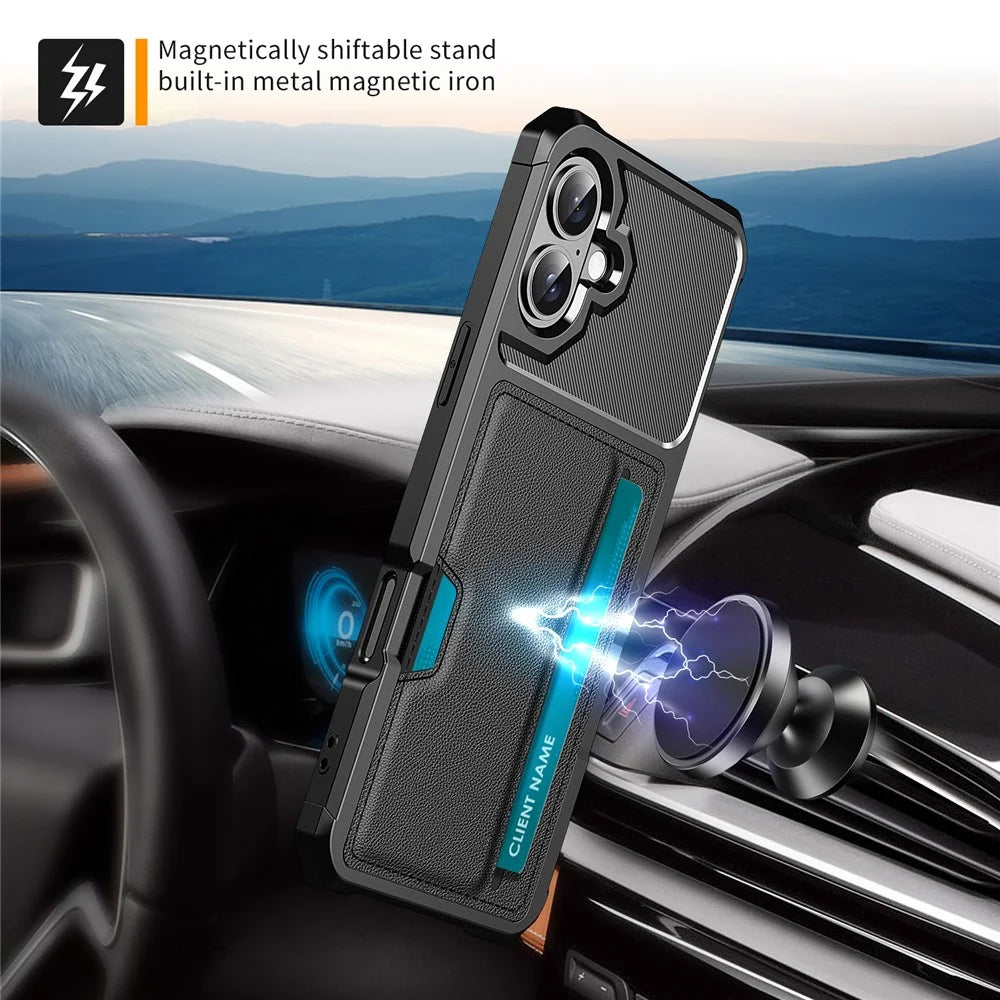 For iPhone 16 Plus Case Card Slot Leather+TPU Defender Phone Cover - 5