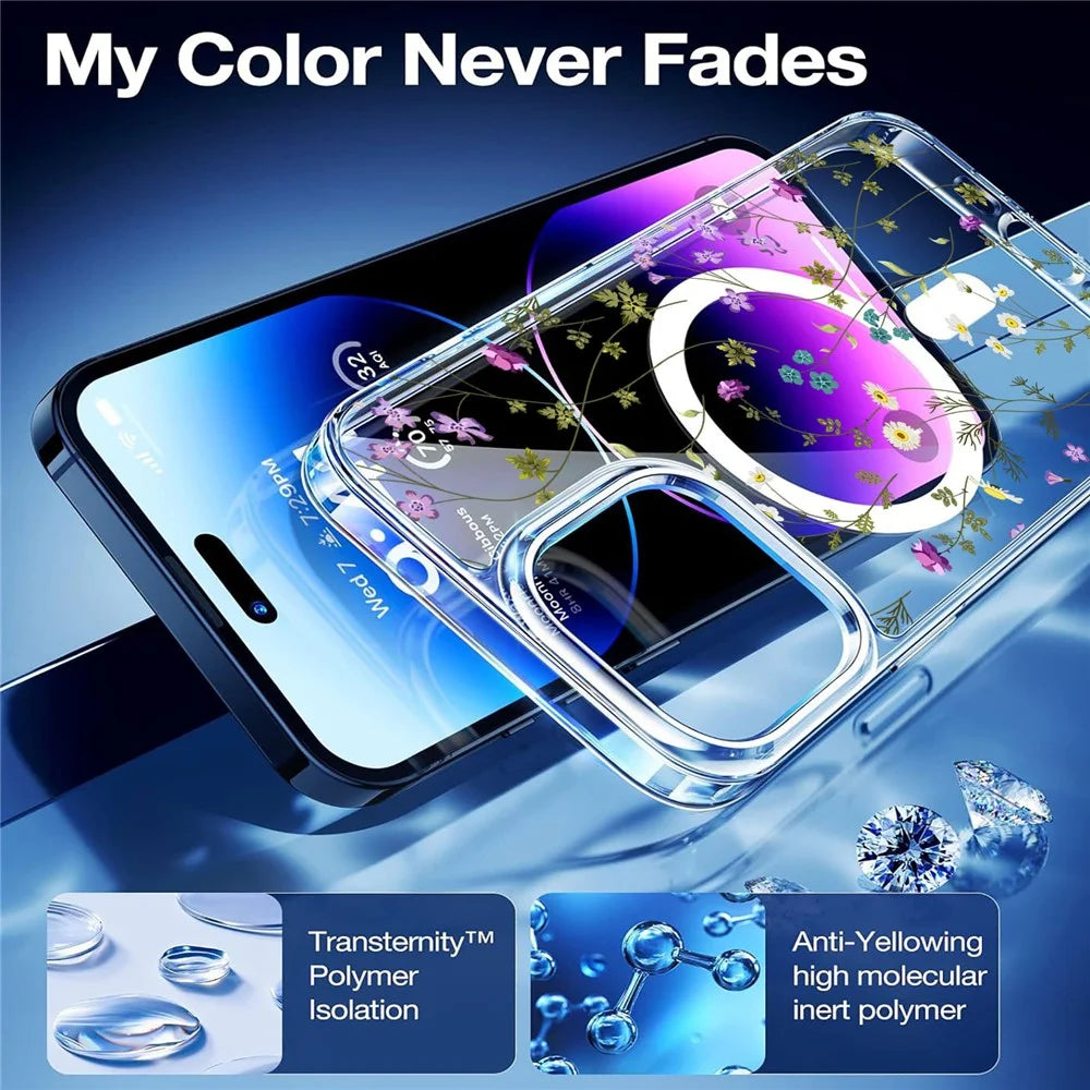 For iPhone 16 Pro Case Flower Series TPU+PC Phone Cover Compatible with MagSafe - Transparent - 3