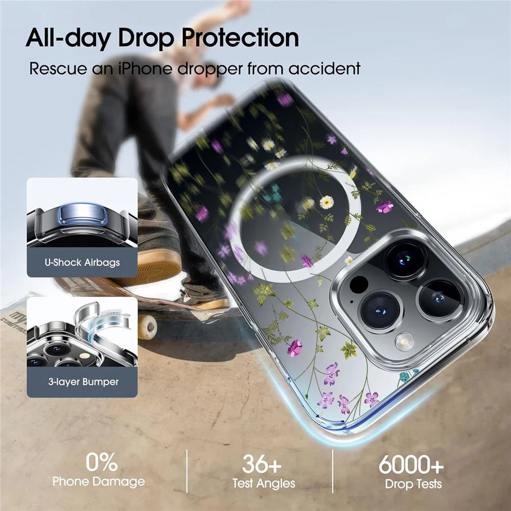 For iPhone 16 Pro Case Flower Series TPU+PC Phone Cover Compatible with MagSafe - Transparent - 6