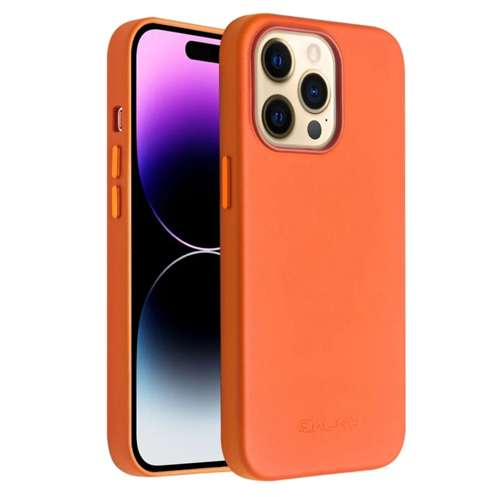 QIALINO Shockproof Case for iPhone 14 Pro Magnetic Phone Case Genuine Leather Hard PC Anti-Fall Case - Orange - 1