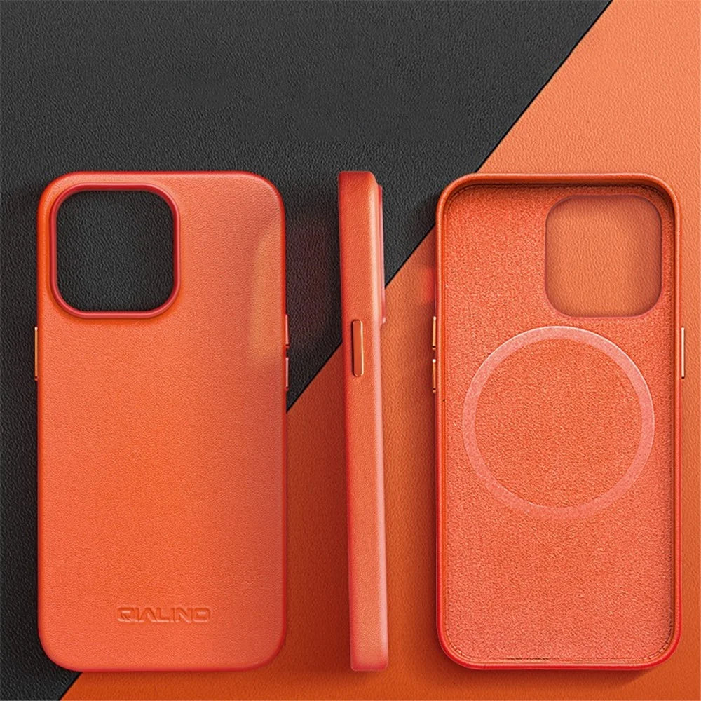 QIALINO Shockproof Case for iPhone 14 Pro Magnetic Phone Case Genuine Leather Hard PC Anti-Fall Case - Orange - 6