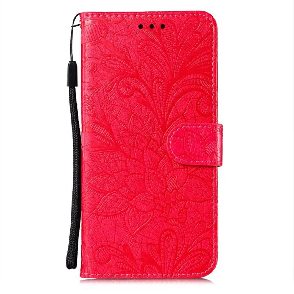 For Samsung Galaxy A55 5G Case Lace Flowers PU Leather Flip Wallet Phone Cover - Red - 5