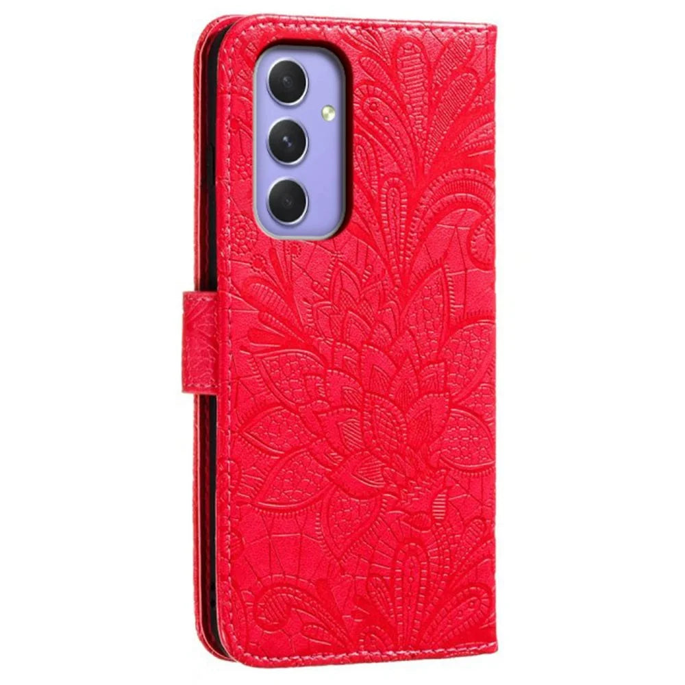 For Samsung Galaxy A55 5G Case Lace Flowers PU Leather Flip Wallet Phone Cover - Red - 6