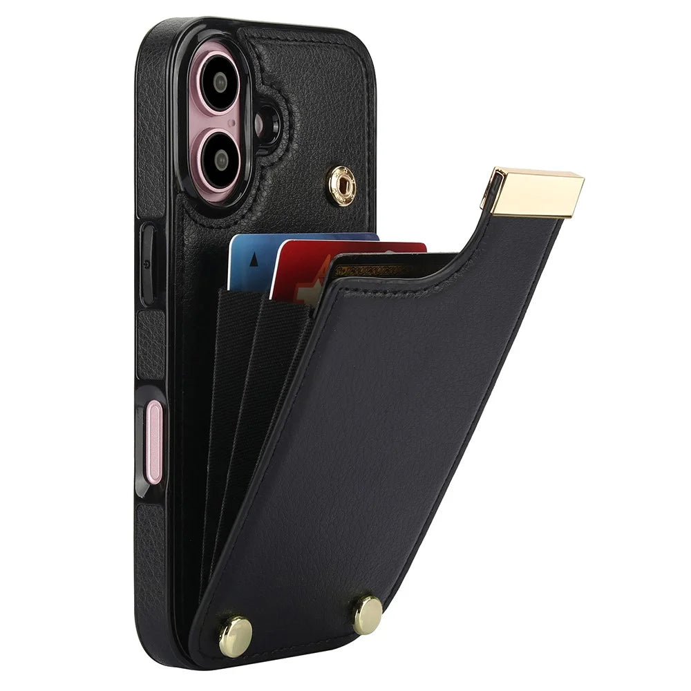 For iPhone 16 Case TPU+PU Leather Hardware Decor Phone Cover with Card Holder - Black - 1