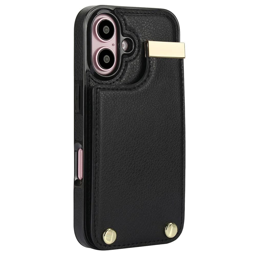 For iPhone 16 Case TPU+PU Leather Hardware Decor Phone Cover with Card Holder - Black - 2