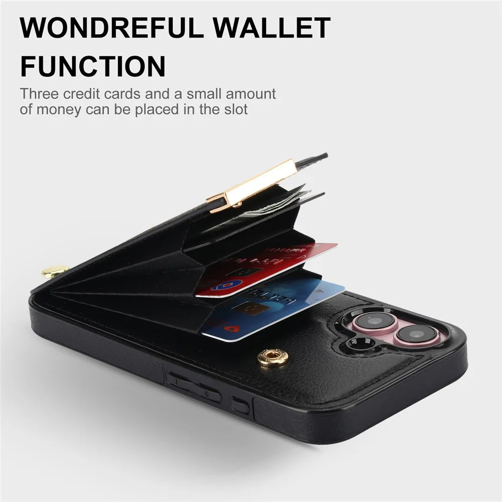For iPhone 16 Case TPU+PU Leather Hardware Decor Phone Cover with Card Holder - Black - 4