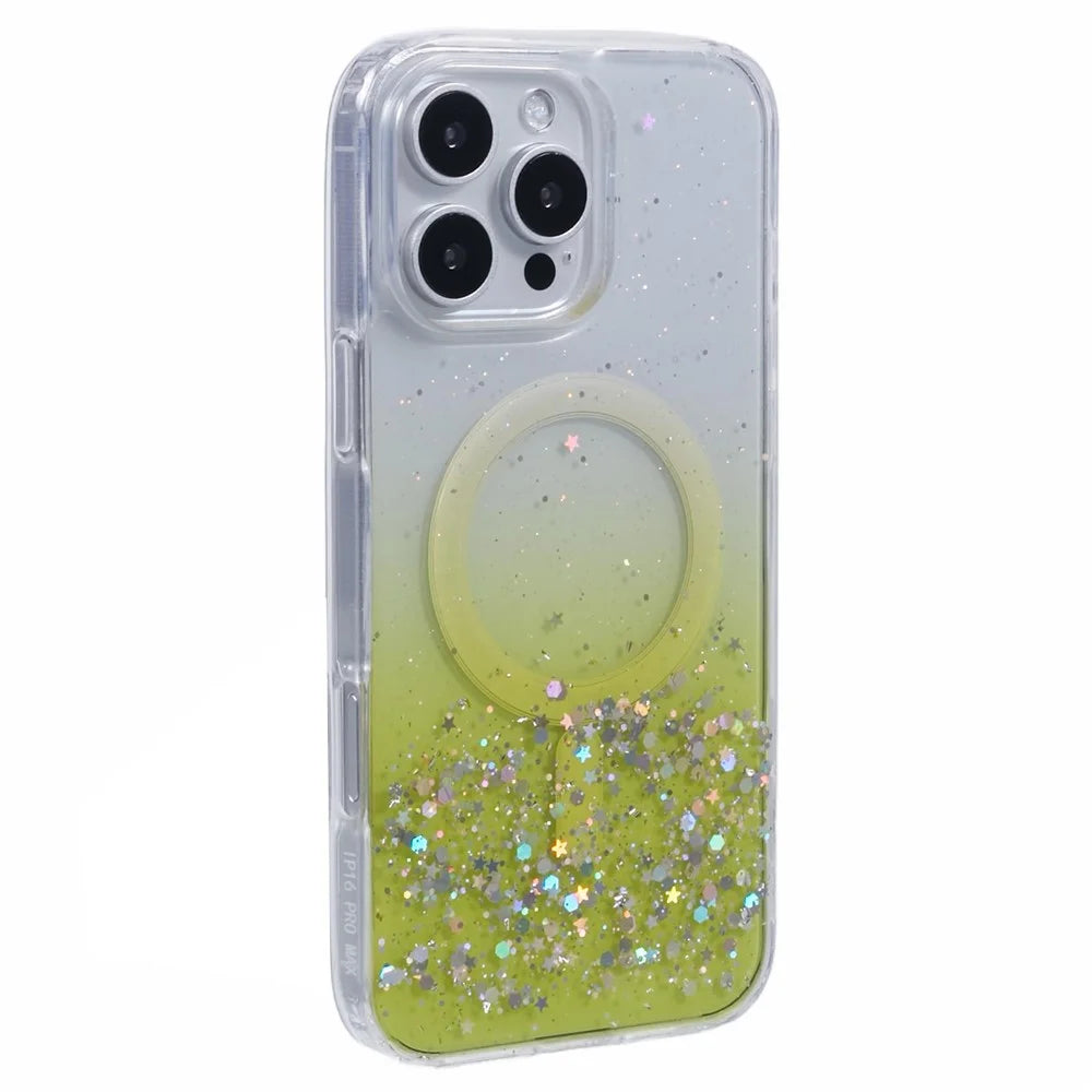 For iPhone 16 Pro Max Case Compatible with MagSafe Sparkle Epoxy TPU+Acrylic Phone Cover - Yellow - 1