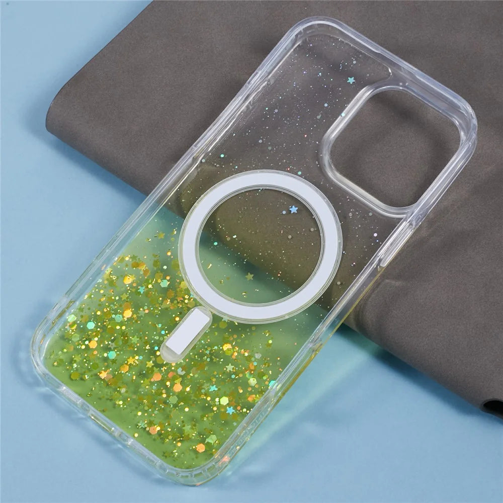 For iPhone 16 Pro Max Case Compatible with MagSafe Sparkle Epoxy TPU+Acrylic Phone Cover - Yellow - 7