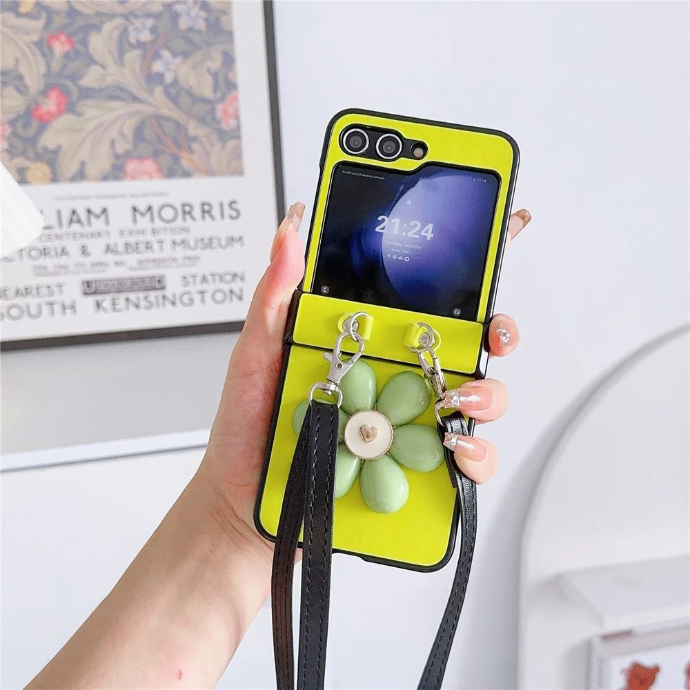 For Samsung Galaxy Z Flip7 FE 5G / Z Flip6 5G Case 3D Flower Leather+PC Phone Cover with Crossbody Strap - Fluorescent Green - 2