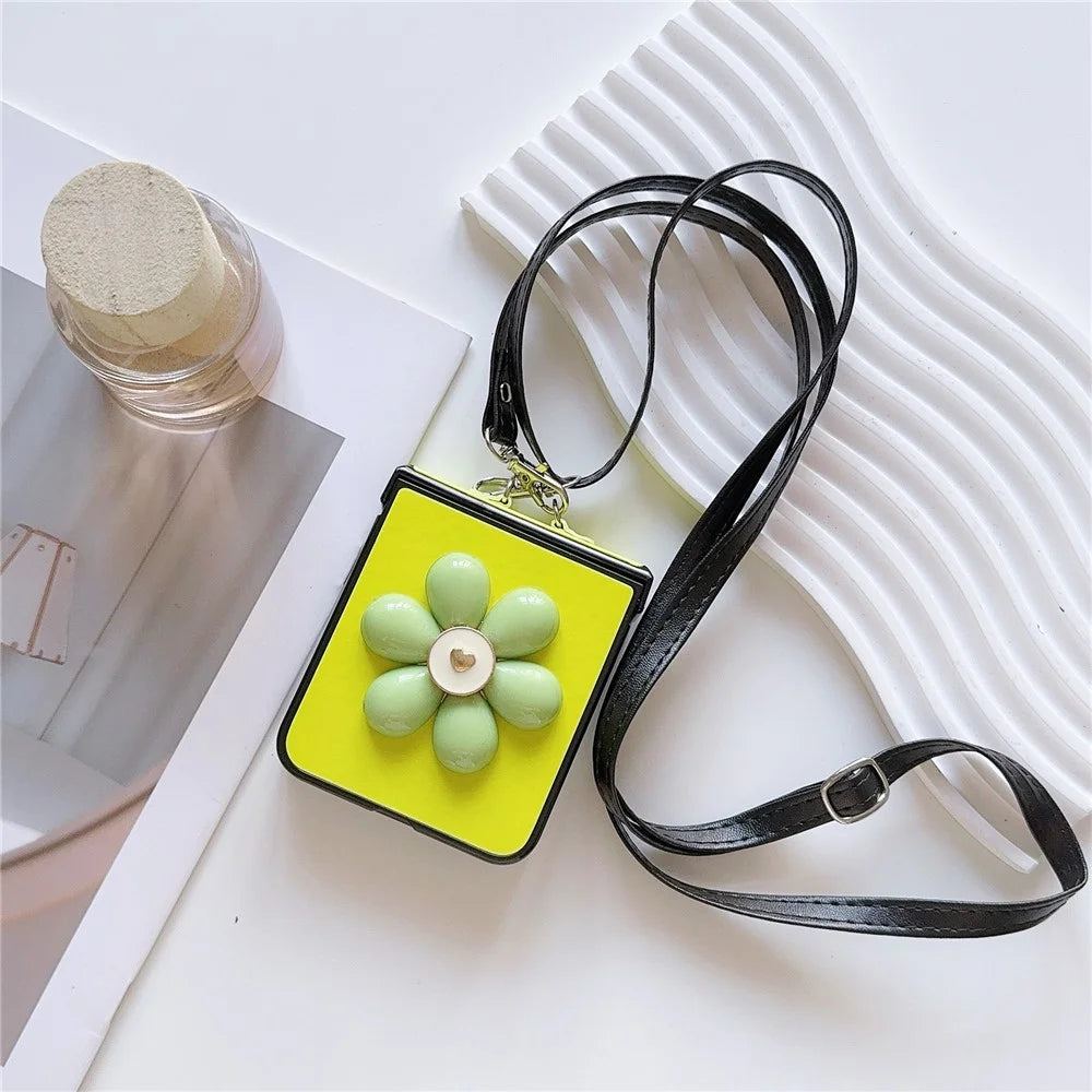 For Samsung Galaxy Z Flip7 FE 5G / Z Flip6 5G Case 3D Flower Leather+PC Phone Cover with Crossbody Strap - Fluorescent Green - 3