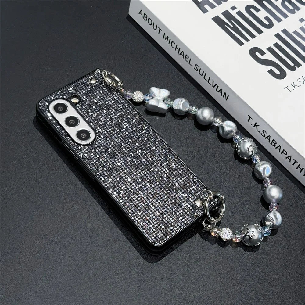 For Samsung Galaxy Z Fold6 5G Case Glitter Leather+PC Phone Cover with Beaded Strap - Black - 3