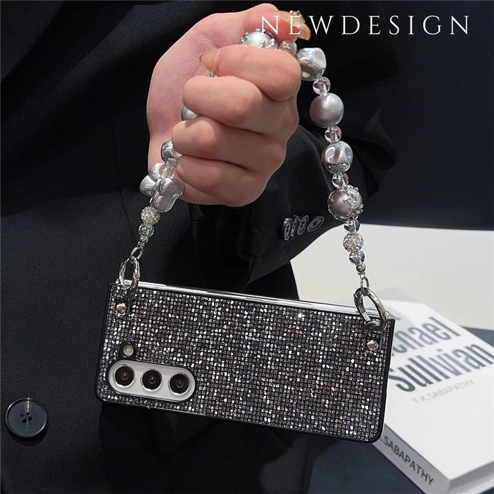 For Samsung Galaxy Z Fold6 5G Case Glitter Leather+PC Phone Cover with Beaded Strap - Black - 5