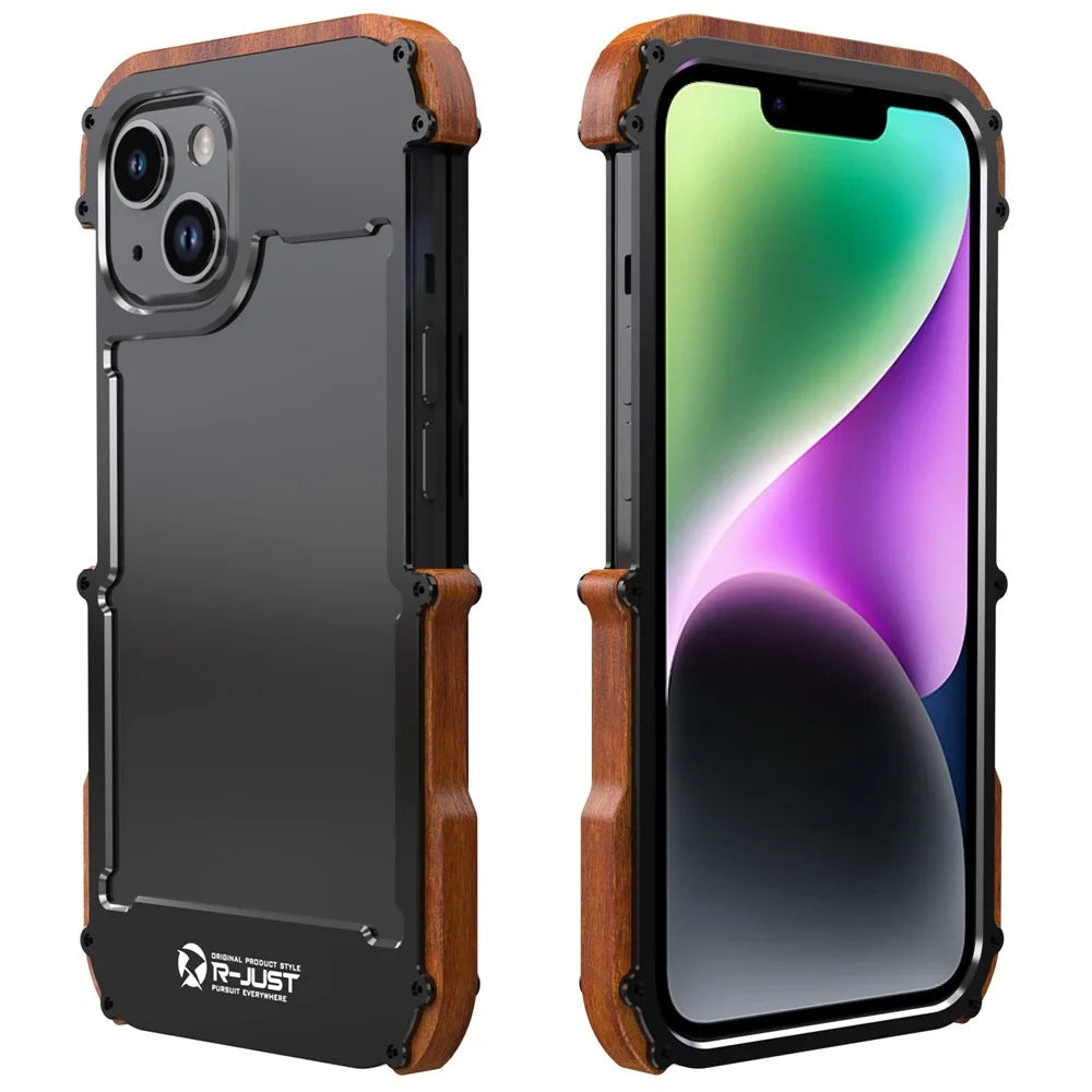 R-JUST Wood + Aluminum Alloy Frame Bumper Case for iPhone 14 Shockproof Cover Anti-Fall Phone Protector - 1