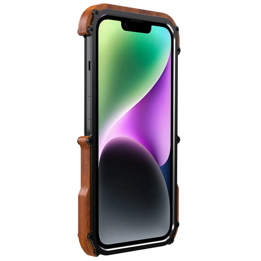 R-JUST Wood + Aluminum Alloy Frame Bumper Case for iPhone 14 Shockproof Cover Anti-Fall Phone Protector - 4