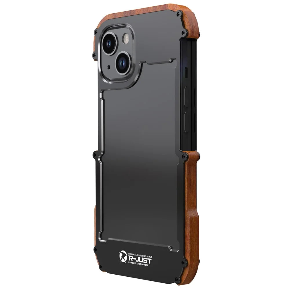 R-JUST Wood + Aluminum Alloy Frame Bumper Case for iPhone 14 Shockproof Cover Anti-Fall Phone Protector - 5