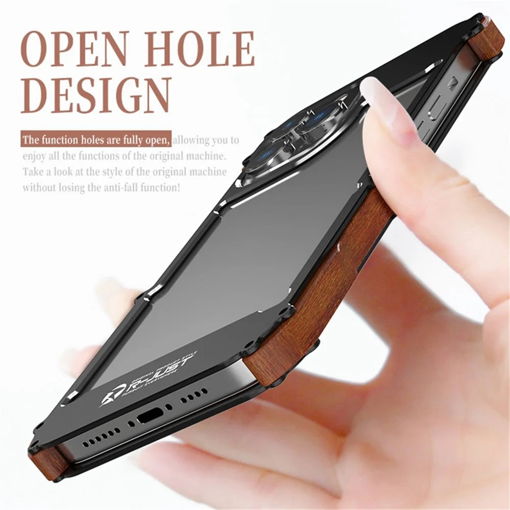 R-JUST Shockproof Bumper Case for iPhone 14 Pro Max Wood + Aluminum Alloy Frame Phone Cover Anti-Fall Protective Phone Case - 4