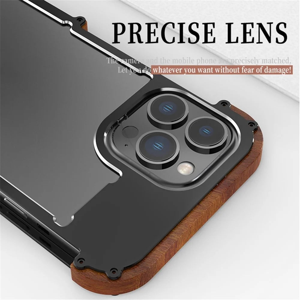 R-JUST Shockproof Bumper Case for iPhone 14 Pro Max Wood + Aluminum Alloy Frame Phone Cover Anti-Fall Protective Phone Case - 5