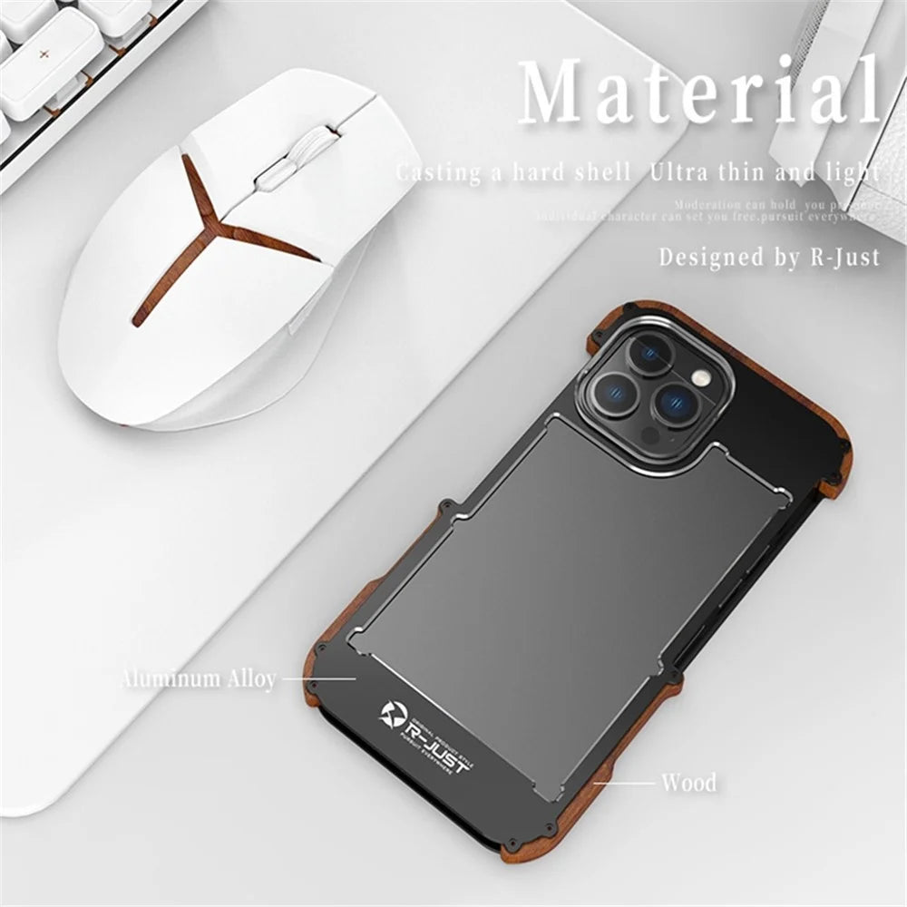 R-JUST Shockproof Bumper Case for iPhone 14 Pro Max Wood + Aluminum Alloy Frame Phone Cover Anti-Fall Protective Phone Case - 7