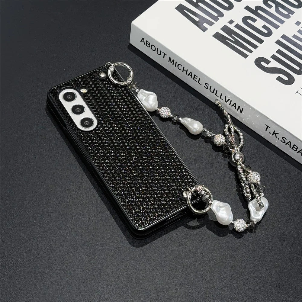 For Samsung Galaxy Z Fold6 5G Case Weave Glitter Stripe Leather+PC Phone Cover with Bow Beaded Strap - Black - 3