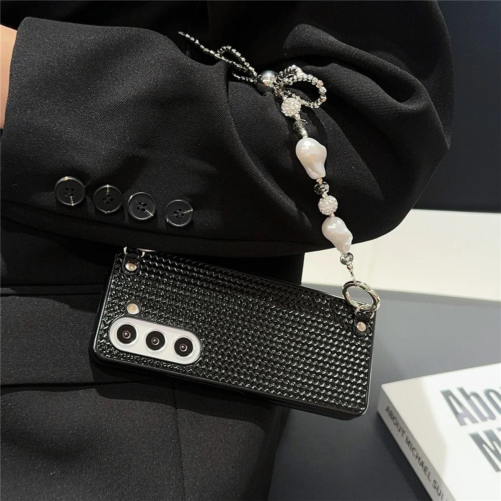 For Samsung Galaxy Z Fold6 5G Case Weave Glitter Stripe Leather+PC Phone Cover with Bow Beaded Strap - Black - 4
