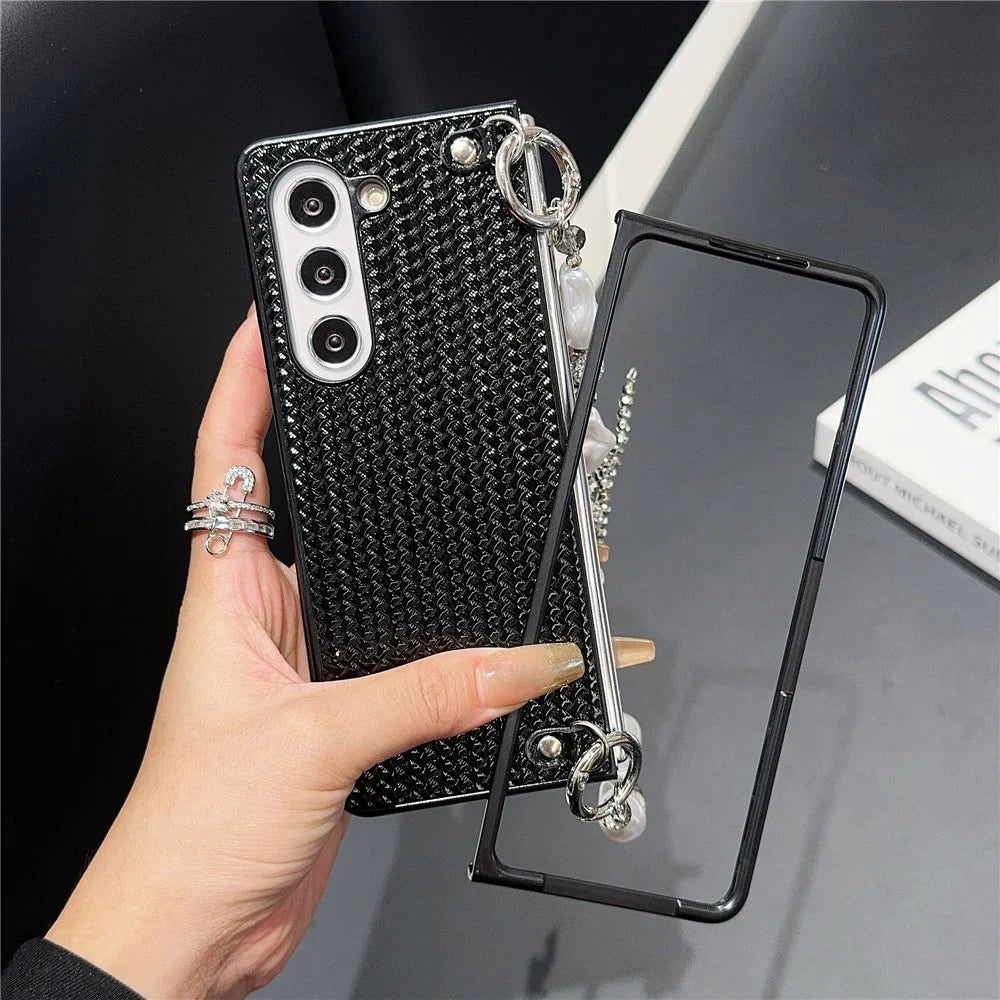 For Samsung Galaxy Z Fold6 5G Case Weave Glitter Stripe Leather+PC Phone Cover with Bow Beaded Strap - Black - 6