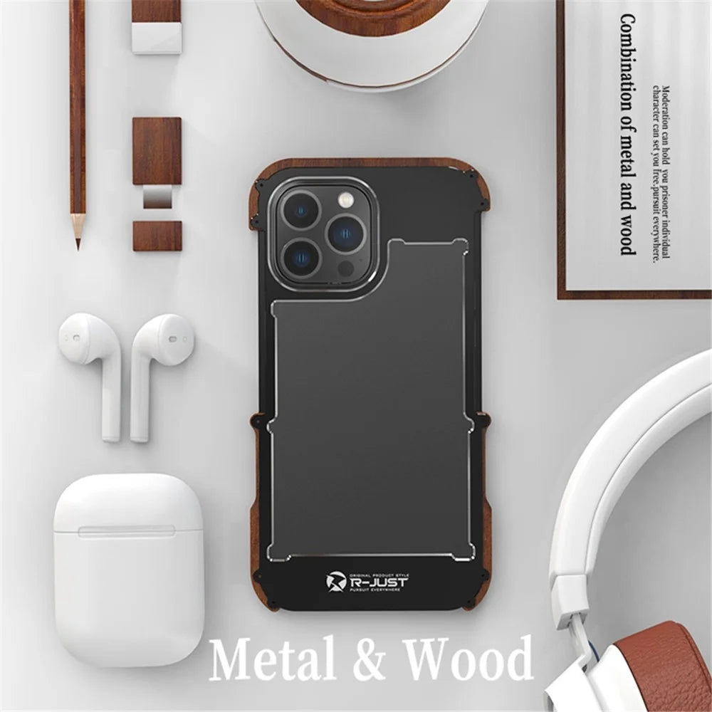 R-JUST Anti-Fall Bumper Case for iPhone 14 Pro Wood + Aluminum Alloy Frame Shockproof Cover Protective Phone Case - 6