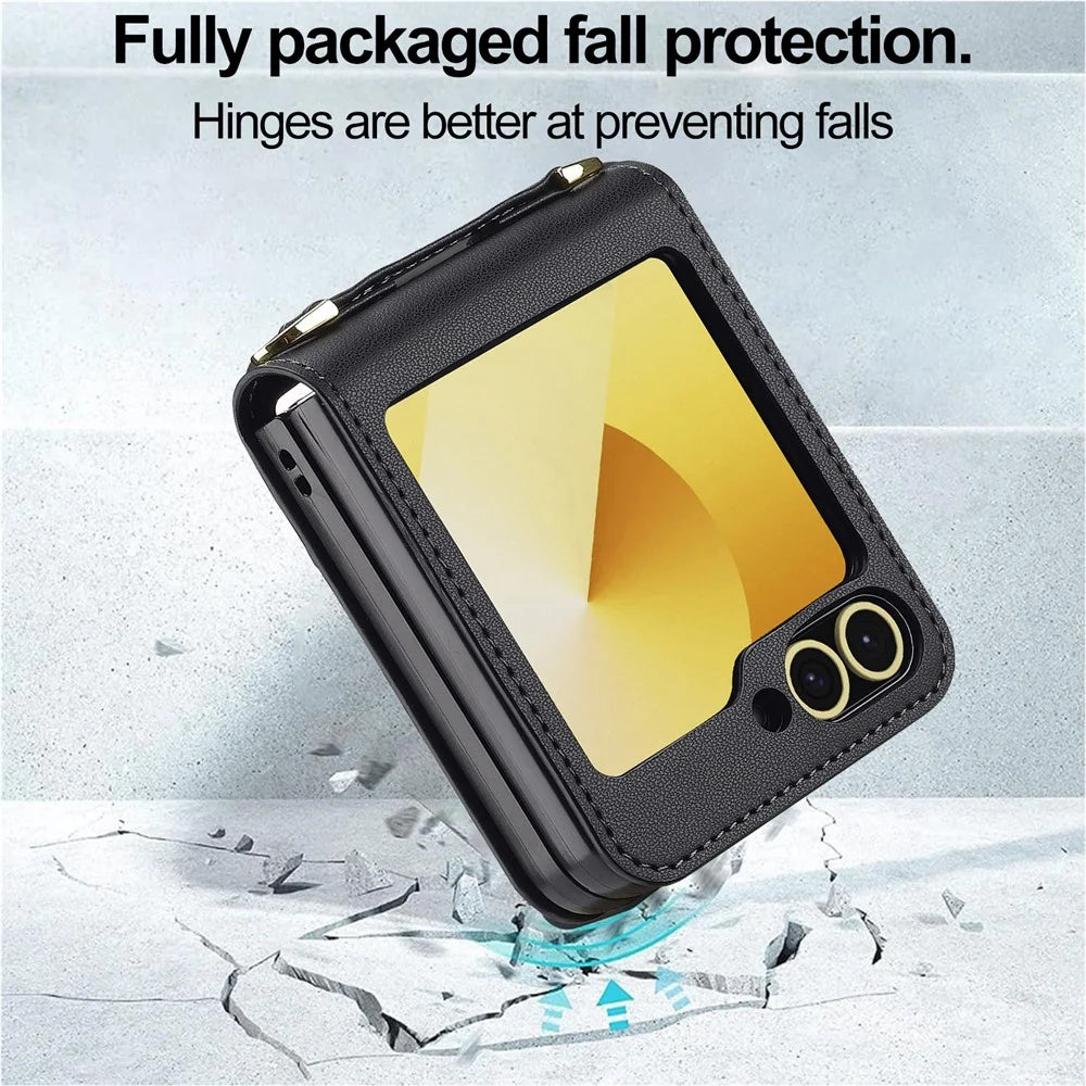 LC.IMEEKE for Samsung Galaxy Z Flip5 5G Case Leather+PC Phone Cover with Straps Card Slots - Black - 7