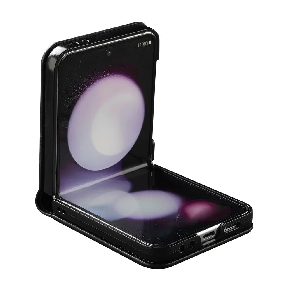LC.IMEEKE for Samsung Galaxy Z Flip7 FE 5G / Z Flip6 5G Case Leather+PC Phone Cover with Straps Card Slots - Black - 4