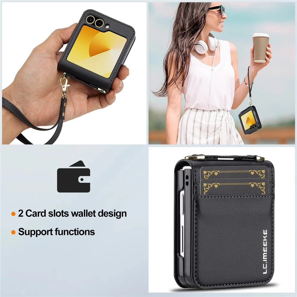 LC.IMEEKE for Samsung Galaxy Z Flip7 FE 5G / Z Flip6 5G Case Leather+PC Phone Cover with Straps Card Slots - Black - 6