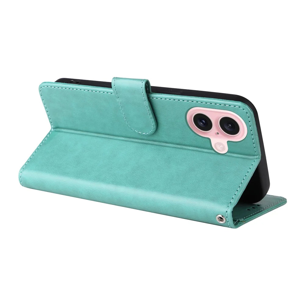 For iPhone 16 Leather Case Butterfly Floral Imprint Wallet Stand Cover - Green - 4