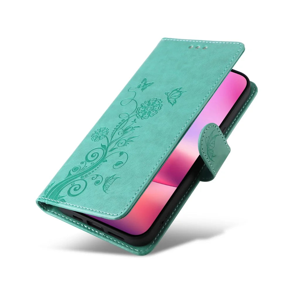For iPhone 16 Leather Case Butterfly Floral Imprint Wallet Stand Cover - Green - 5