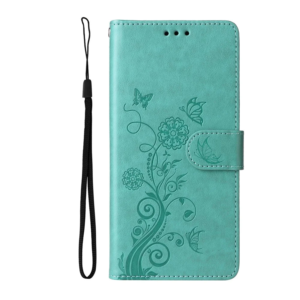 For iPhone 16 Leather Case Butterfly Floral Imprint Wallet Stand Cover - Green - 6
