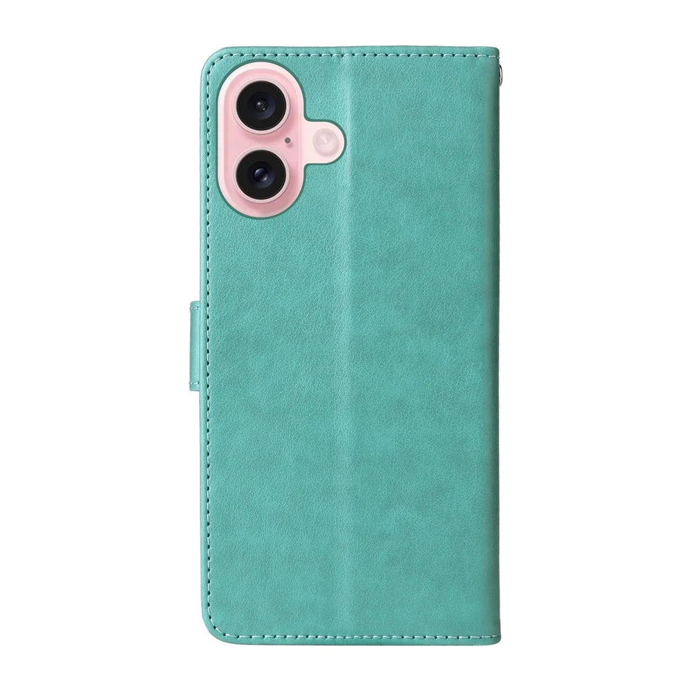 For iPhone 16 Leather Case Butterfly Floral Imprint Wallet Stand Cover - Green - 7