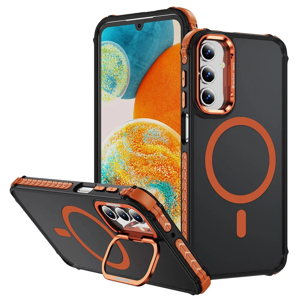 For Samsung Galaxy S24+ Case with Lens Kickstand Matte Back Cover Magnetic Case - Orange - 1