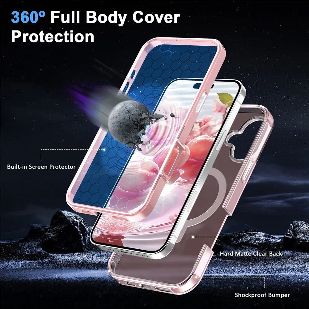 For iPhone 16 Plus Case Frosted TPU+PC Phone Cover with Magnetic Kickstand PET Screen Protector Compatible with MagSafe - Pink - 4
