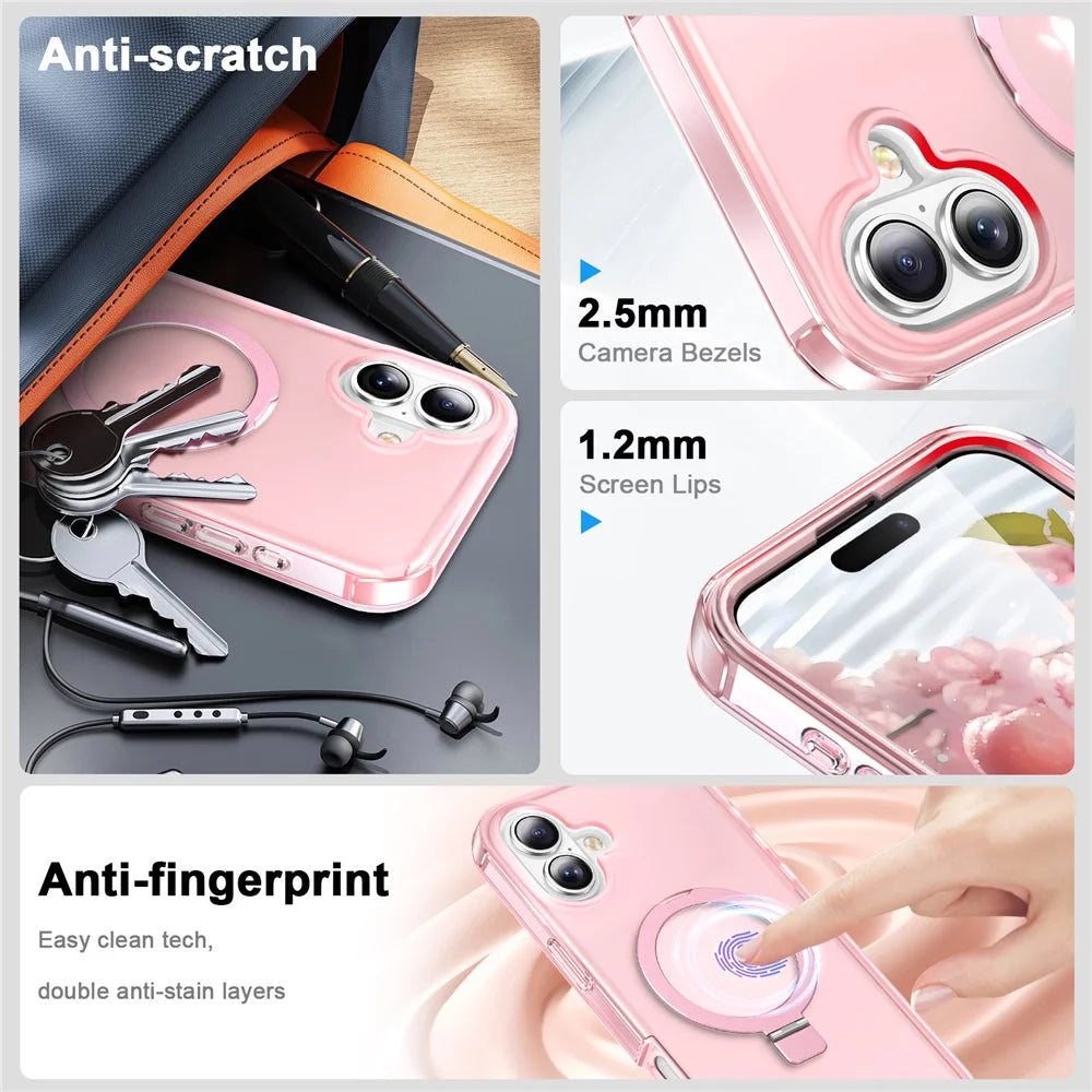 For iPhone 16 Plus Case Frosted TPU+PC Phone Cover with Magnetic Kickstand PET Screen Protector Compatible with MagSafe - Pink - 5