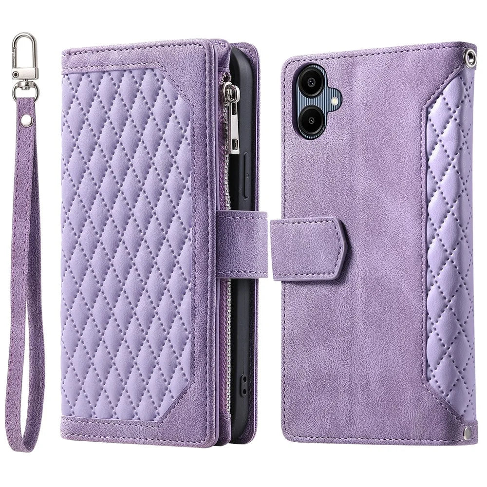 Style 005 For Samsung Galaxy A06 4G Wallet Case Rhombus Stitching Line PU Leather Phone Cover - Purple - 1