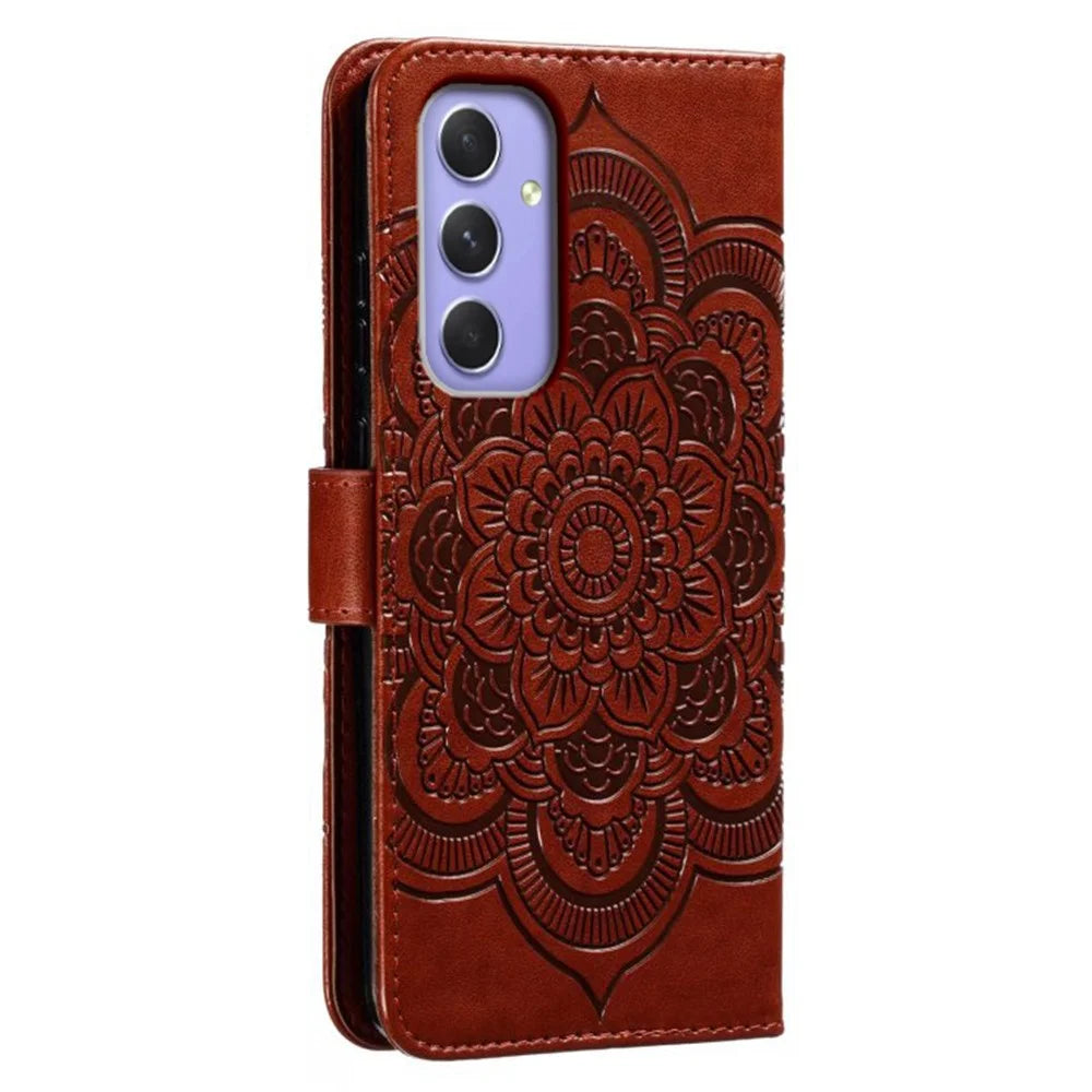 For Samsung Galaxy S25+ / S24+ Case PU Leather Mandala Imprinted Design Wallet Phone Cover - Brown - 7