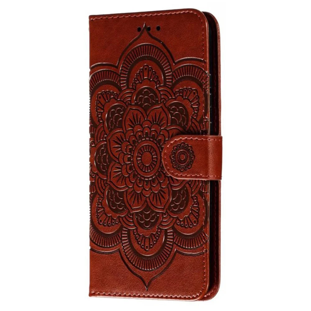 For Samsung Galaxy S23 FE Case PU Leather Mandala Imprinted Design Wallet Phone Cover - Brown - 6