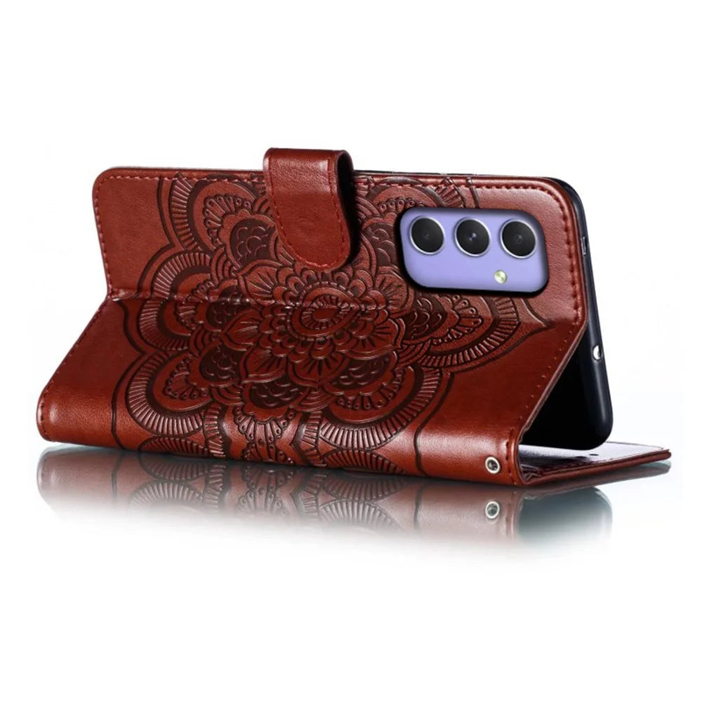 For Samsung Galaxy S25 / S24 Case PU Leather Mandala Imprinted Design Wallet Phone Cover - Brown - 4