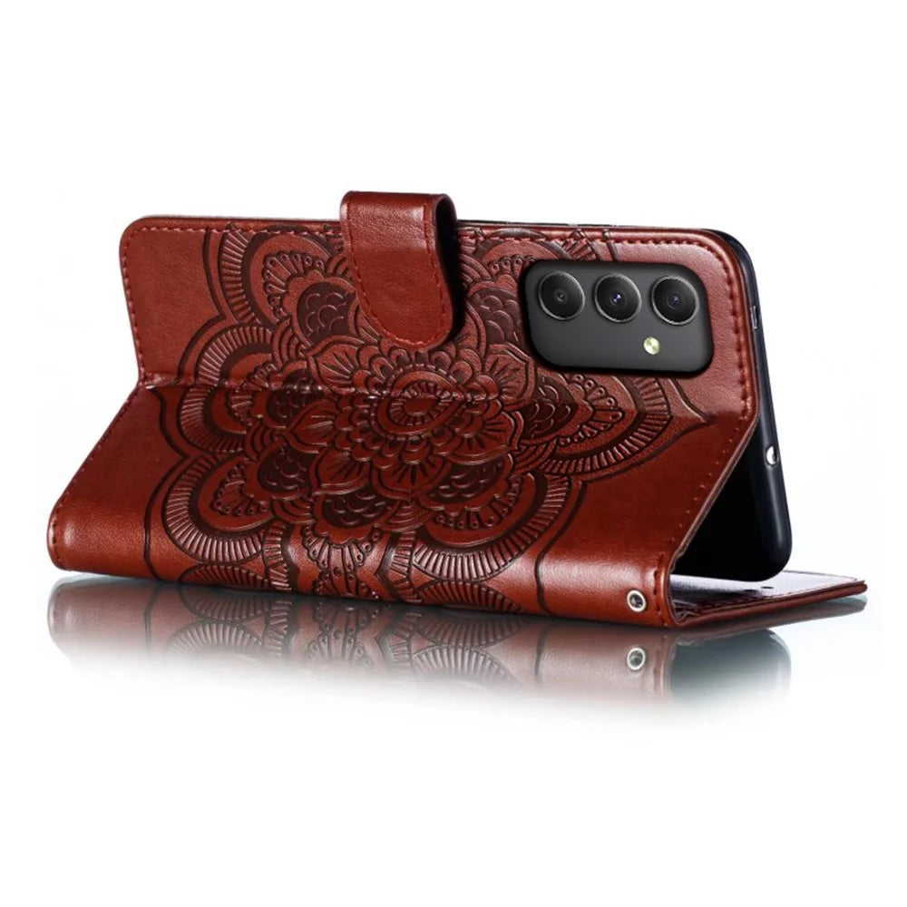 For Samsung Galaxy A35 5G Case PU Leather Mandala Imprinted Design Wallet Phone Cover - Brown - 4